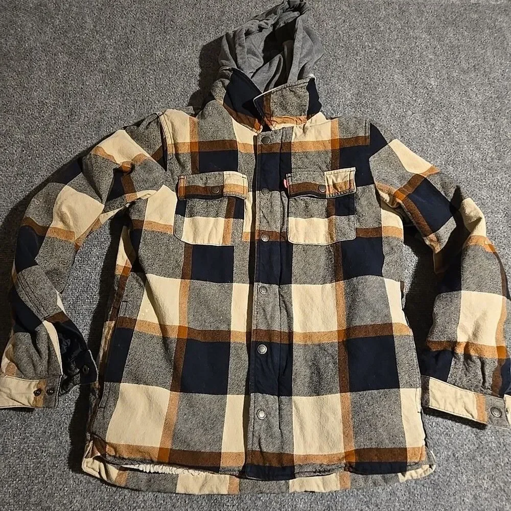Levi's Sherpa Lined Hooded Jacket Mens Small Brown Plaid Front Zip Pockets
